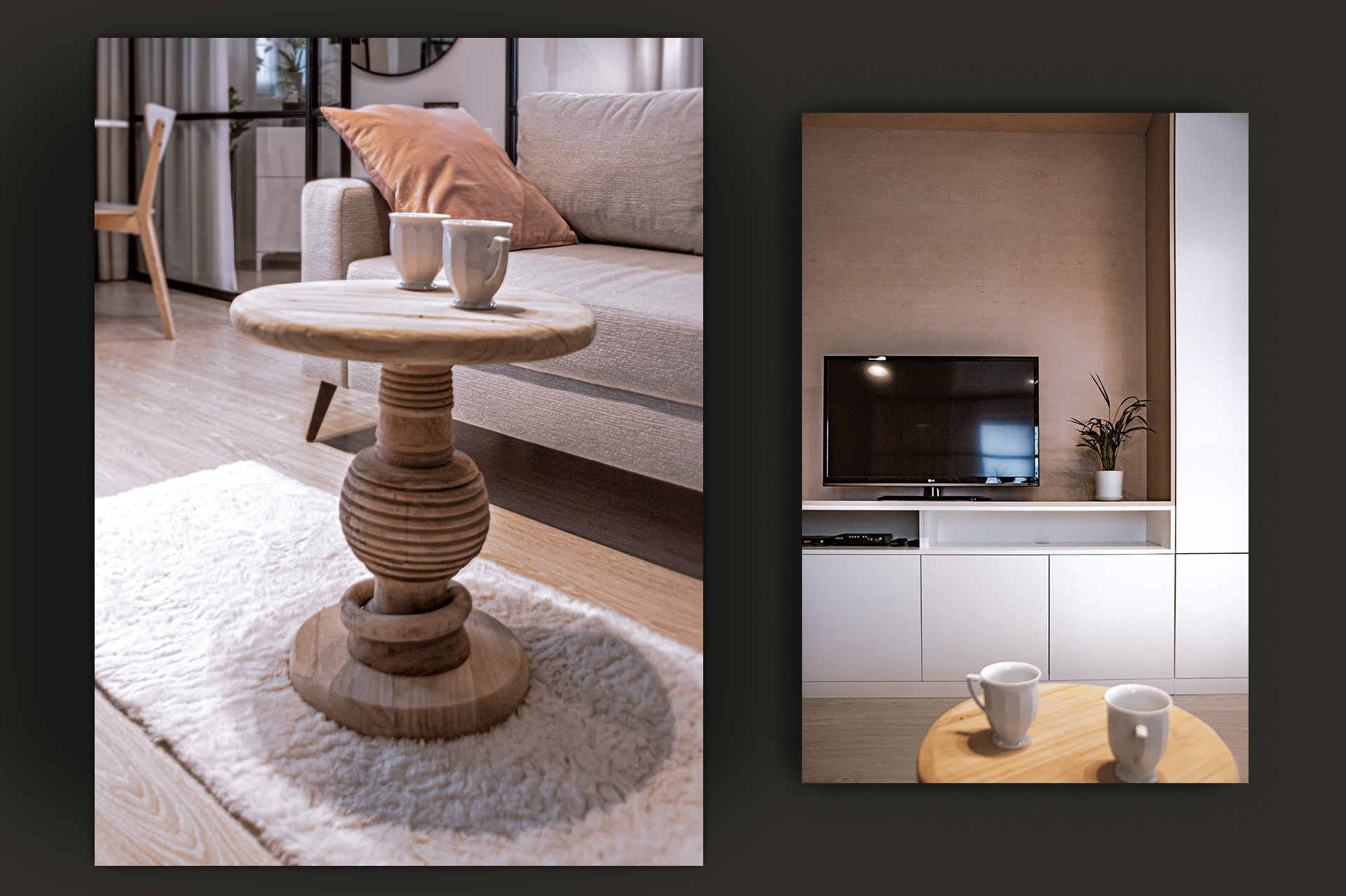 Widok na drewniane akcenty w salonie – oryginalny stolik kawowy oraz naturalna faktura wnęki RTV.