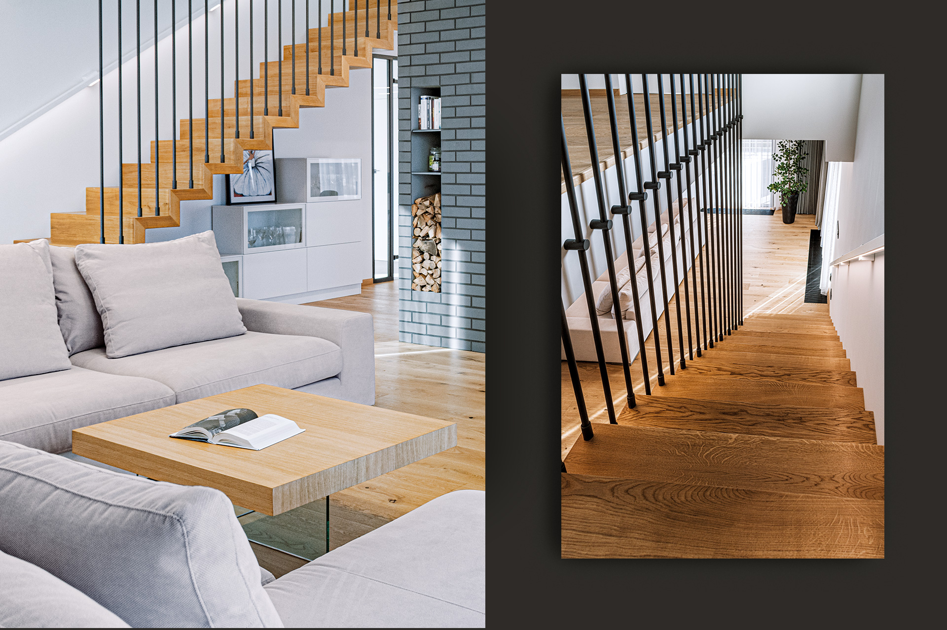 Zaprojektowane przez nas drewniane schody. Ażurowa balustrada finezyjnie zakotwiczona jest w stropie i stopniach.