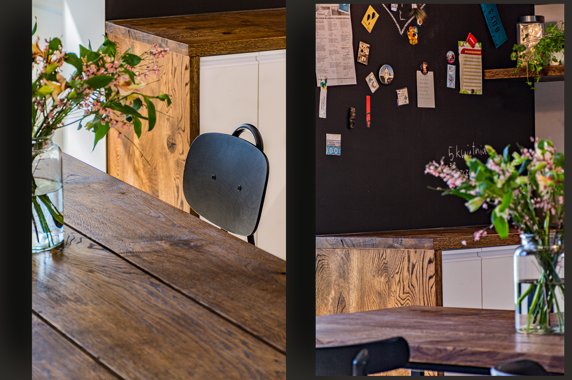 Kuchenny stół na wymiar nosi – podobnie jak reszta blatów – postarzane deski. Po prawej – rodzinny portal społecznościowy – czyli duży obszar pokryty farbą tablicową.