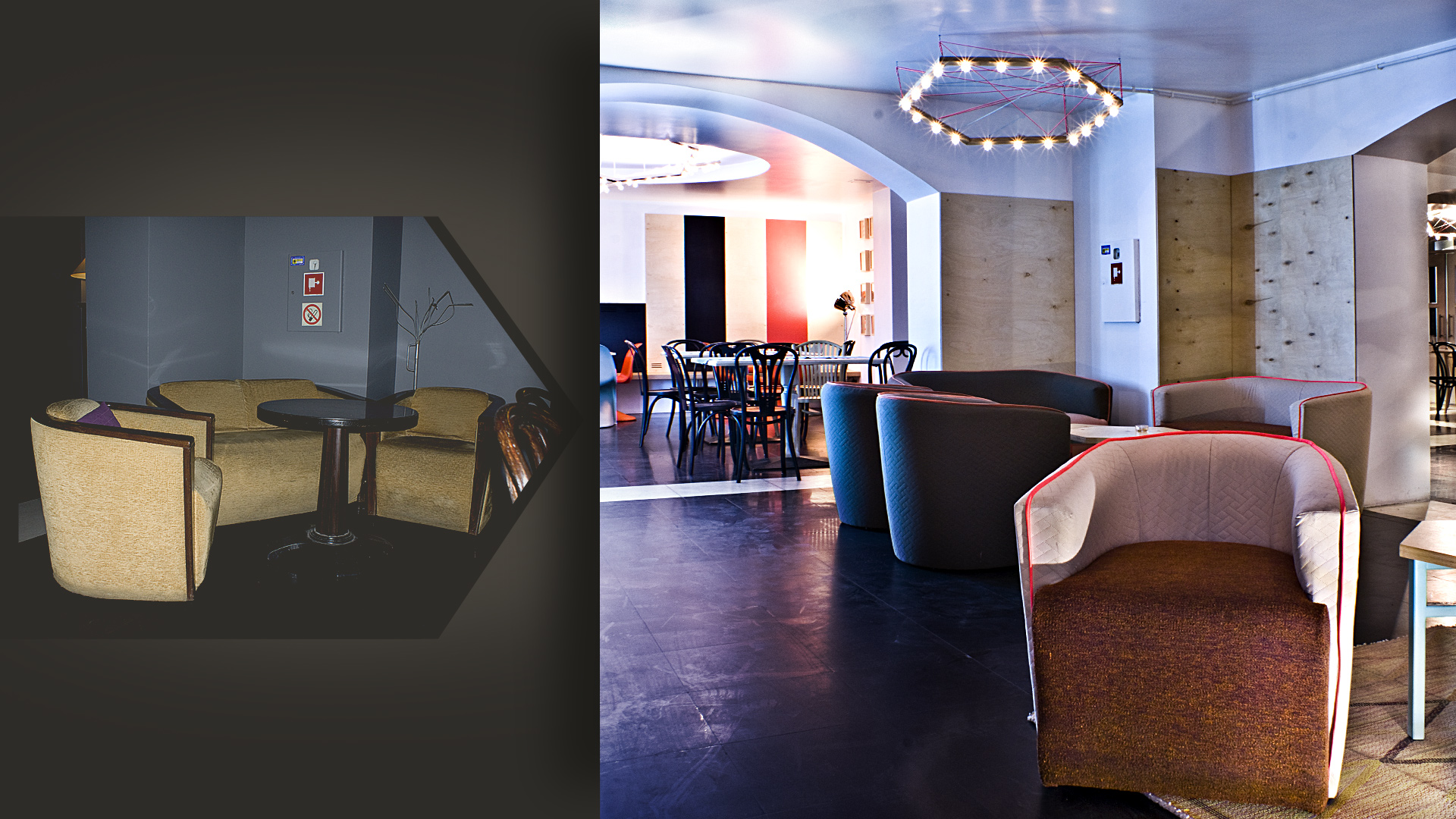 Efektowne wnętrze restauracji przy niskim budżecie? Stało się to możliwe między innymi dzięki pomysłowemu pomysłowemu rozwiązaniu na renowację starych foteli i kanap (po lewej).