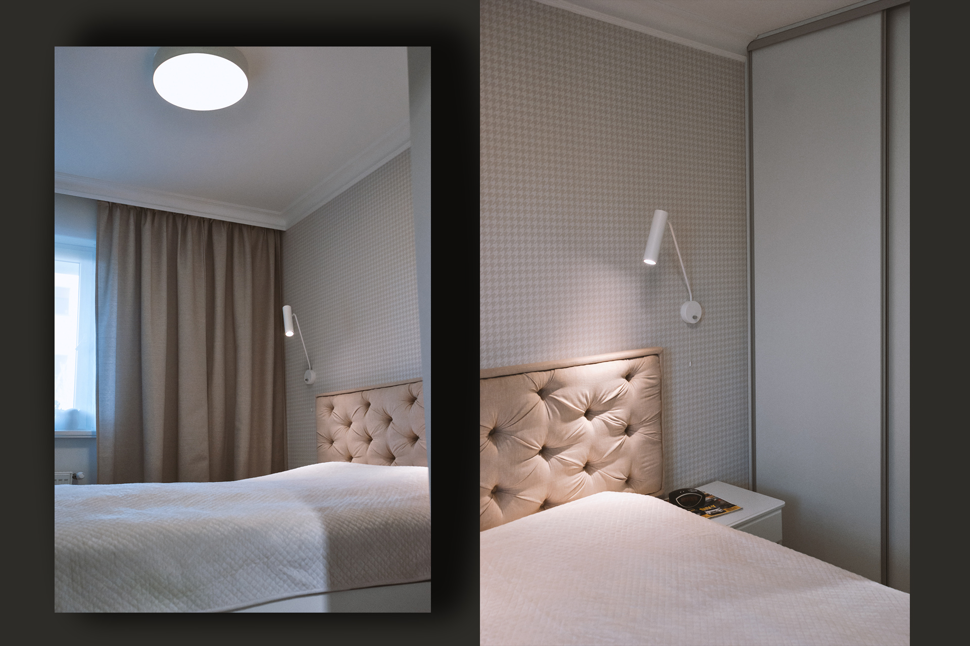 Sypialnia stylizowana na styl angielski, z tapicerowanym wezgłowiem łóżka: dzięki temu jest nowoczesna, jasna i przytulna.